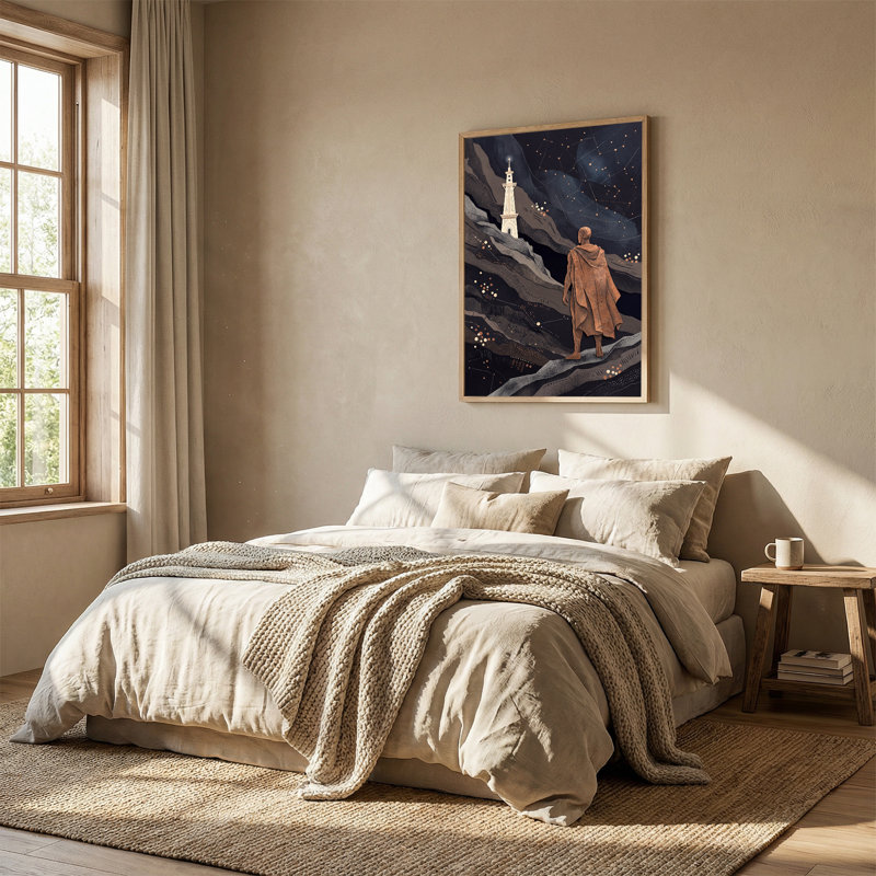 Art mural en bronze, figure et tour sous les constellations, H 48 po x l 36 po