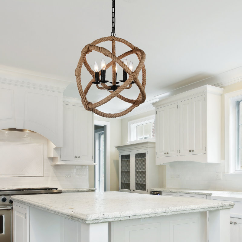21in Farmhouse Chandelier with Hemp Rope Accents - 5 Light Black Candelabra Pendant for Kitchen Island, Dining Room, Bedroom