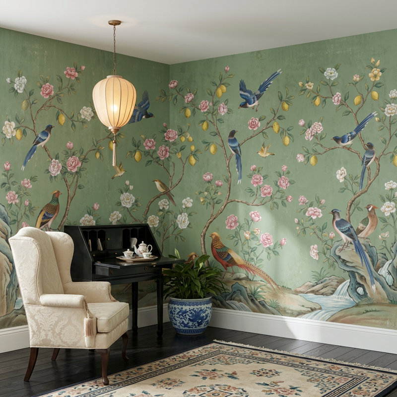 Chinoiserie Wallpaper Lemon Tree Removable Birds Wall Decor, Non-Woven Nonpasted, 160"x108"