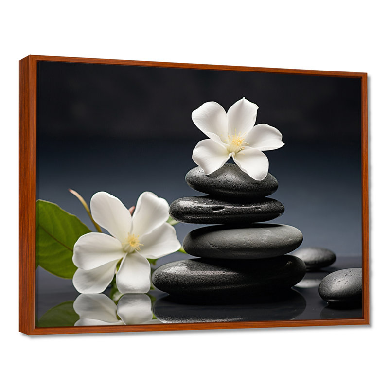 «Zen Black River Stone Blooming Magnolias», reproduction sur toile Lily, H 16 po x l 32 po x P 1 po, Brown Floater Framed