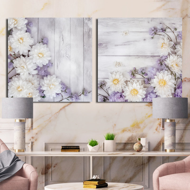 Ensemble de 2 fleurs de magnolia blanches et mauves - collage carré floral, Toile tendue, H 36 po x l 73 po