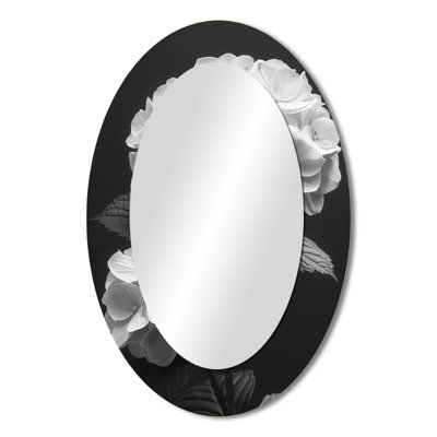 Monochrome Black And White Hydrangea Botanical Beauty I - Large Oval Wall Mirror On Metal