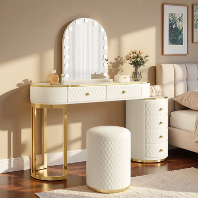 Meuble-lavabo de luxe avec miroir à DEL 3 couleurs, longueur réglable, 6 tiroirs et tabouret