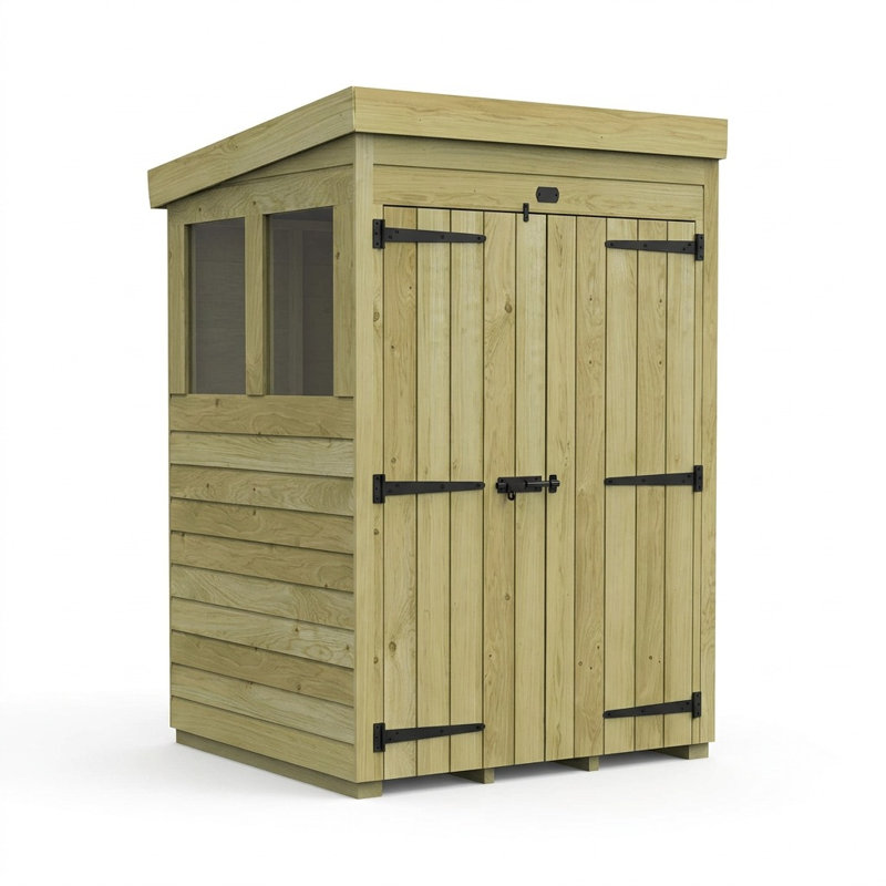 Total Sheds 4ft x 4ft Pent Garden Shed - Double Door - With Windows - Pressure Treated Timber - UK Manufactured