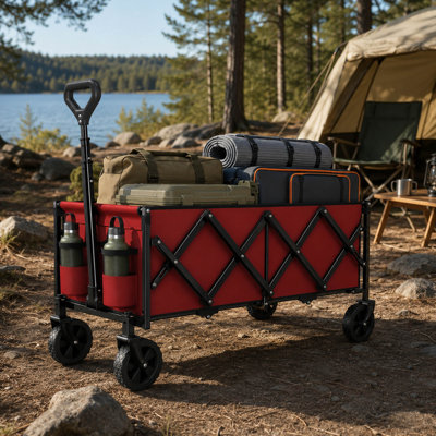 Red 34'' Foldable Utility Wagon, Adjustable Handle, and 360° Wheels