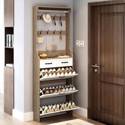 Nouvelle armoire à chaussures de couleur chêne avec 3 tiroirs rabattables et 2 tiroirs, amplement d'espace pour la laisse de chaussures pour chien, entrées étroites convenables, blanc, style artistique, autoportant, support de porte à 4 espaces, spacieux