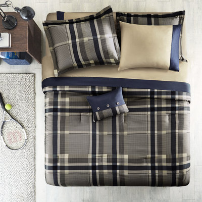 Twin Xl Navy Plaid Comforter And Sheet - Soft Microfiber Fabric With Sheets Quality Material