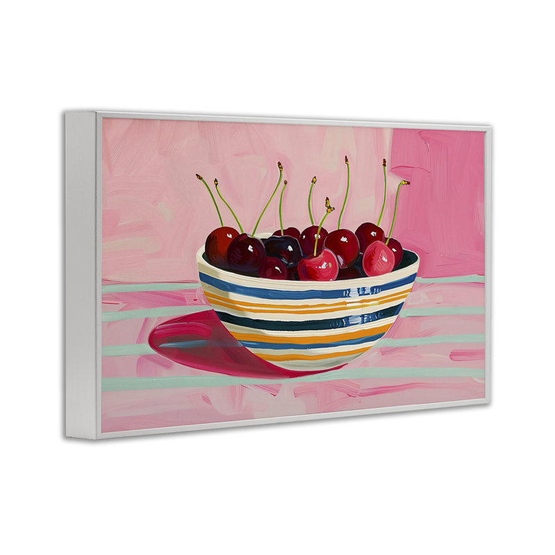 Bol de cerises sur giclée rose encadrée, design par Arlington Prints, H 12 po x l 18 po