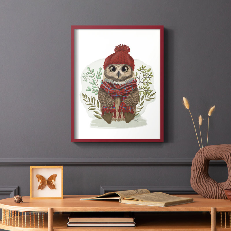 «Owl in Tartan Scarf», reproduction encadrée - bois massif, H 14 po x l 11 po, Blanc