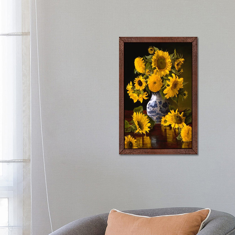 Sunflowers In Blue And White Chinese Vase by Christopher Pierce - Painting on Canvas, 66.04 cm H x 45.72 cm W, Brown Framed
