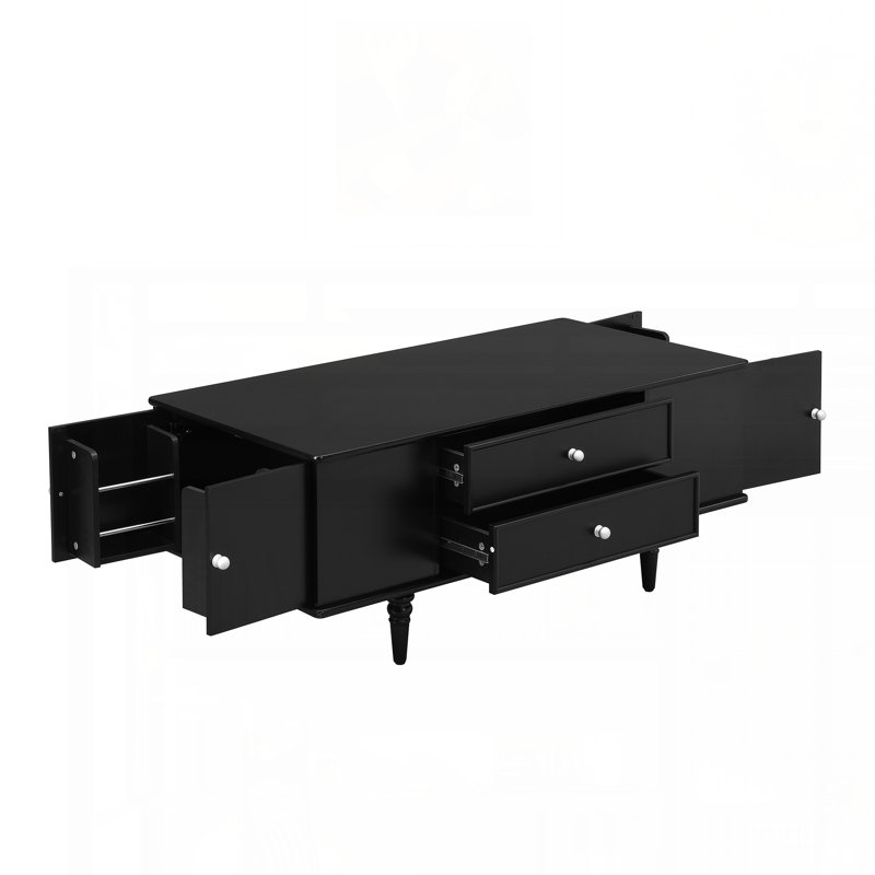 Rectangle Coffee Table with Four Drawers, Two Side Hidden Storage Compartments, Black