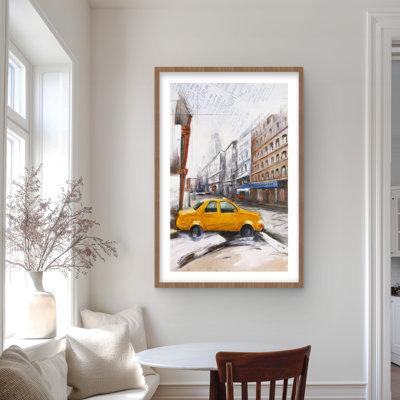 «Taxi in the Street S Croquis», reproduction encadrée jaune