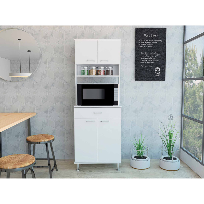 Bay Area Pantry, Two Door Cabinets, One Drawer, Four Adjustable Metal Legs, White