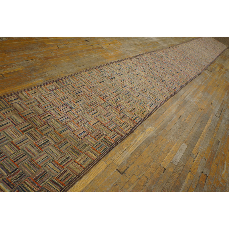 Wool Multicolor Antique American Folk Art Hooked Hallway Runner Rug
