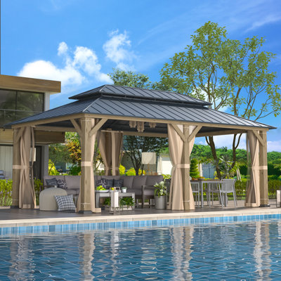 12' X 20' Outdoor Cedar Hardtop Gazebo For Patios, Cedar Framed Gazebo With Double Roof, Solid Wooden Framed Gazebo With Privacy Curtains For Patio Lawn, Garden, Backyard, Grey