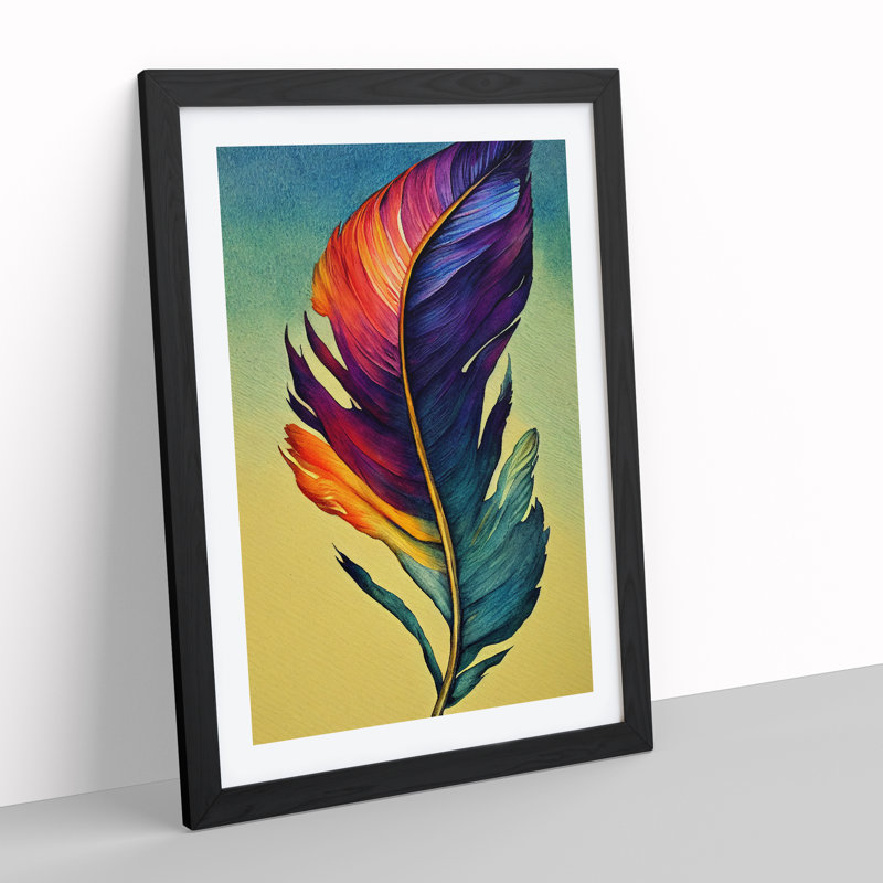 Colourful Feather No.5 - Wall Art, Black Framed, 66cm H x 48cm W x 2cm D, White
