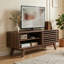 46" Mid-century Modern Tv Stand With Slatted Sliding Door For Living Room, Walnut