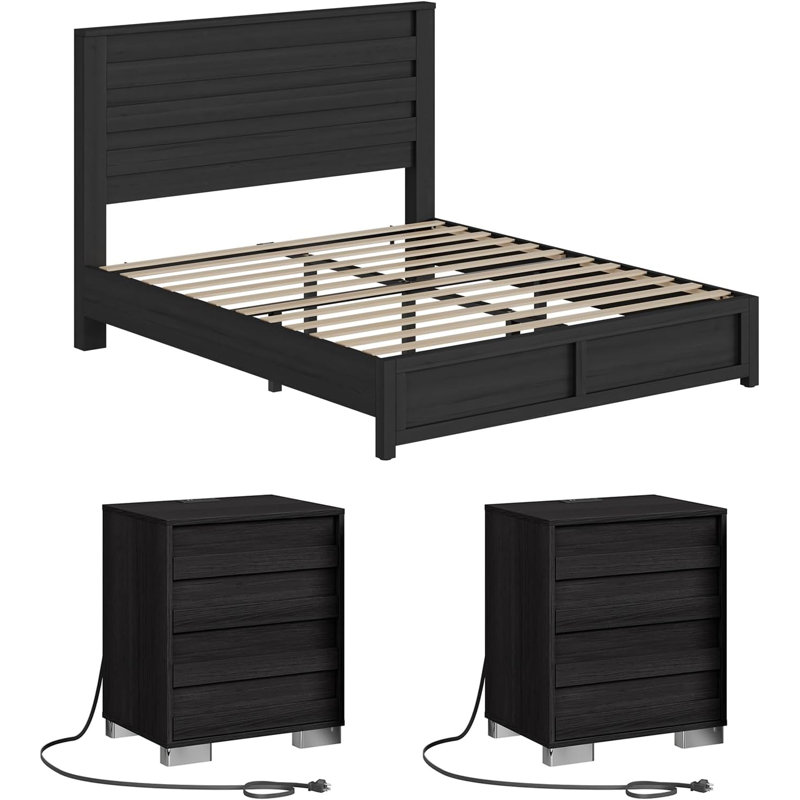 Louby Farmhouse 3 Piece Platform Bed And Nightstand Bedroom Set, Queen, Black