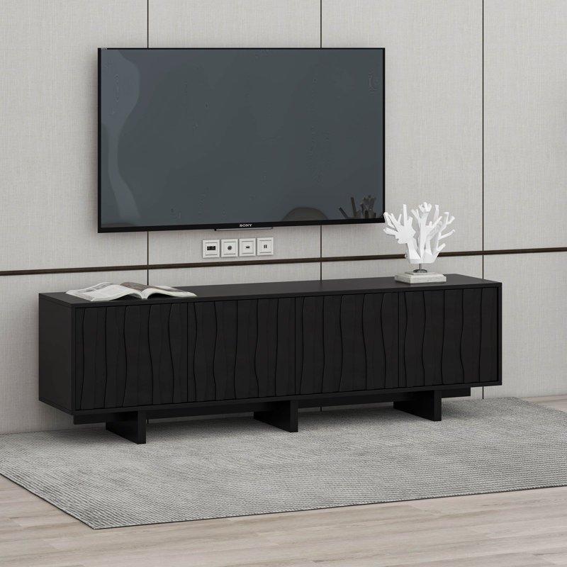 Meuble télé en bois de style rétro avec porte ondulée et meuble télé rustique, Noir