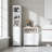 2-Piece Freestanding Bathroom Storage Cabinet Set - Tall Slim Linen Tower & Double Door Floor Cabinet With Adjustable Shelves, White With Walnut Wood Top