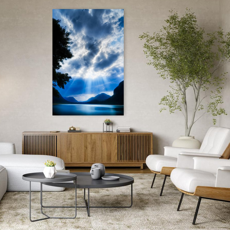 God Rays Over Sylvenstein Lake, Bavaria, Germany Abstract Contemporary Forest Landscape Wall Art, H 48 po x l 32 po