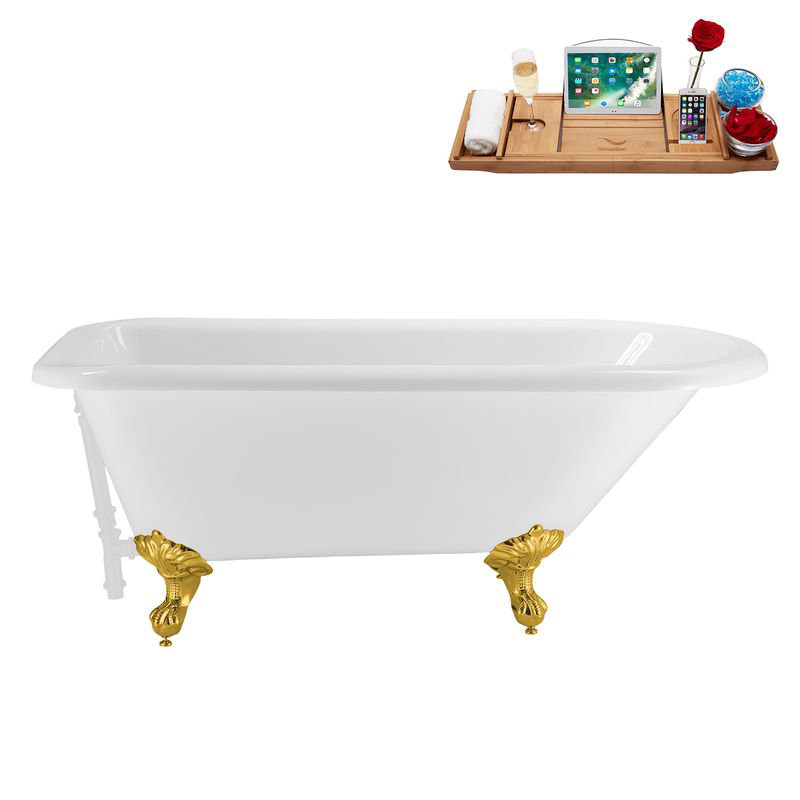 62" Streamline Clawfoot Tub,Tray,Drain, Clawfeet, Polished Gold, Glossy White