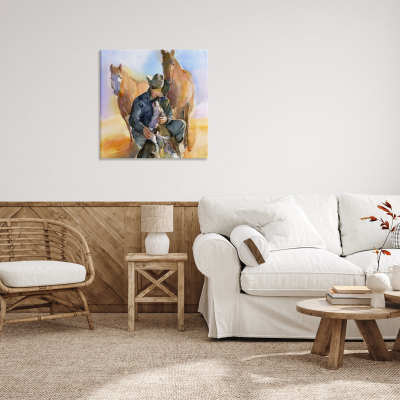 «Cowboy and Animals Watercolor on Canvas» par John Keeling, reproduction, H 30 po x l 30 po x P 1,5 po