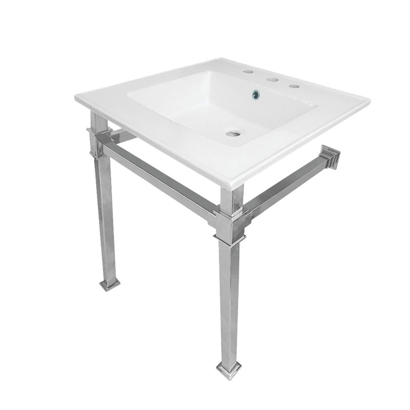 Lavabo de salle de bain console rectangulaire en céramique avec trop-plein Monarch, Blanc / chrome poli