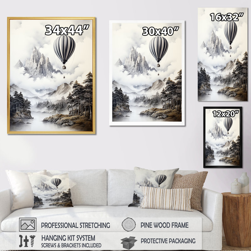 Vol en montgolfière monochrome - reproduction sur toile, Encadrement doré, H 20 po x l 12 po x P 1 po