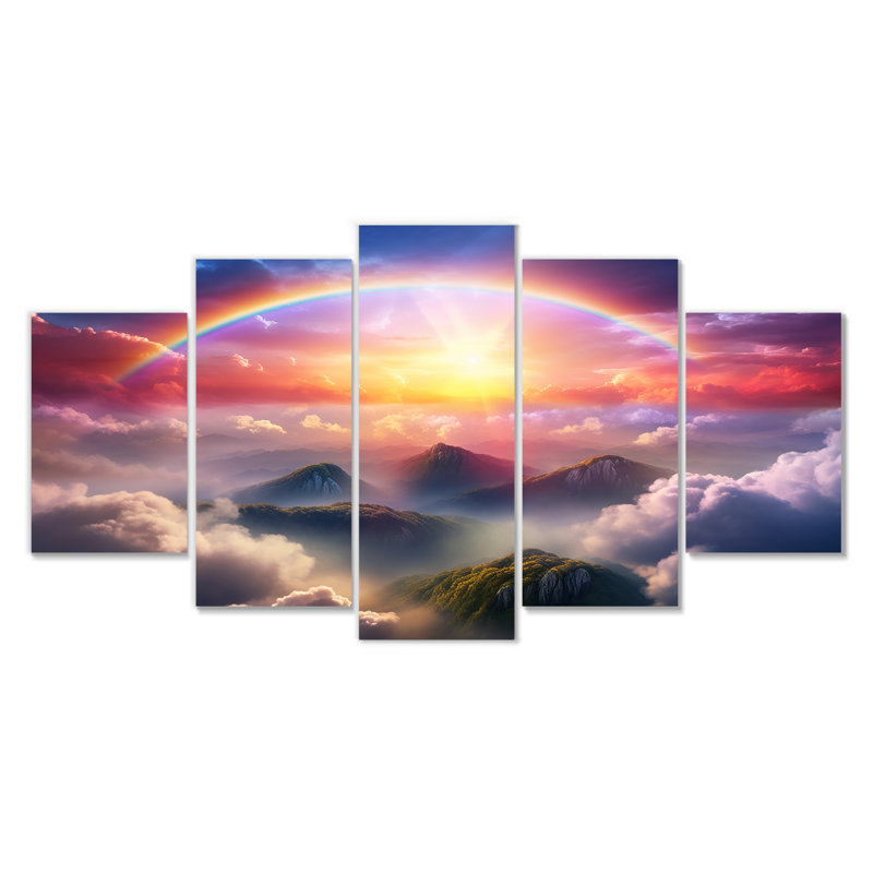 Arc-en-ciel magique sur des nuages de montagne brumeux - ensemble d'art mural arc-en-ciel 5 pièces, H 32 po x l 60 po