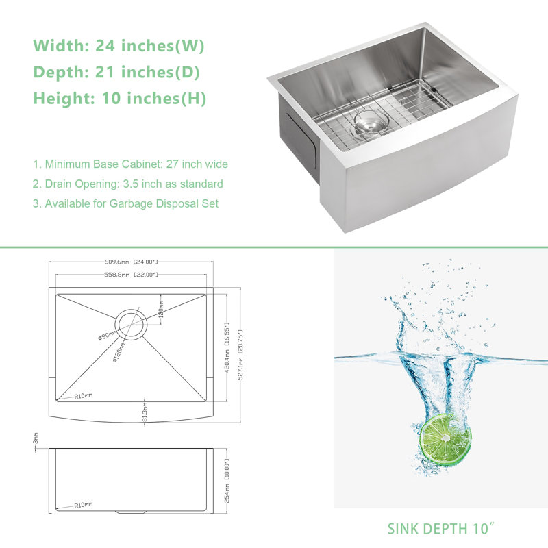 24" L x 21" W Stainless Steel Farmhouse Kitchen Sink with Basket strainer, Sink Grid and Roll-up Rack