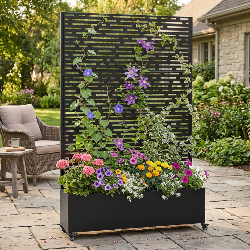 Lit de jardin surélevé en métal avec roues et treillis, boîte à fleurs haute de 73 po avec écran d'intimité, noir
