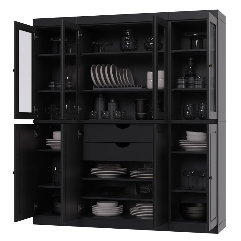 Armoire de cuisine haute 100% en bois massif avec portes en verre et 2 tiroirs, tablettes réglables, armoire de rangement modulaire de cuisine Pulcova, l 65 po x H 71,5 po