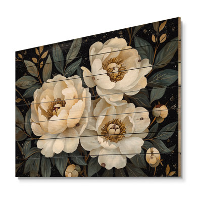 Noir noir blanc pivoines I - décoration murale en bois de pivoines - sur bois de pin naturel