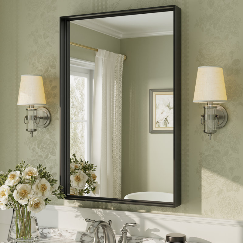 Aevar Tempered Glass and Aluminum Alloy Framed French Cleat Mounted Wall Mirror with 5-Year Warranty, Matte Black, 36" x 24"