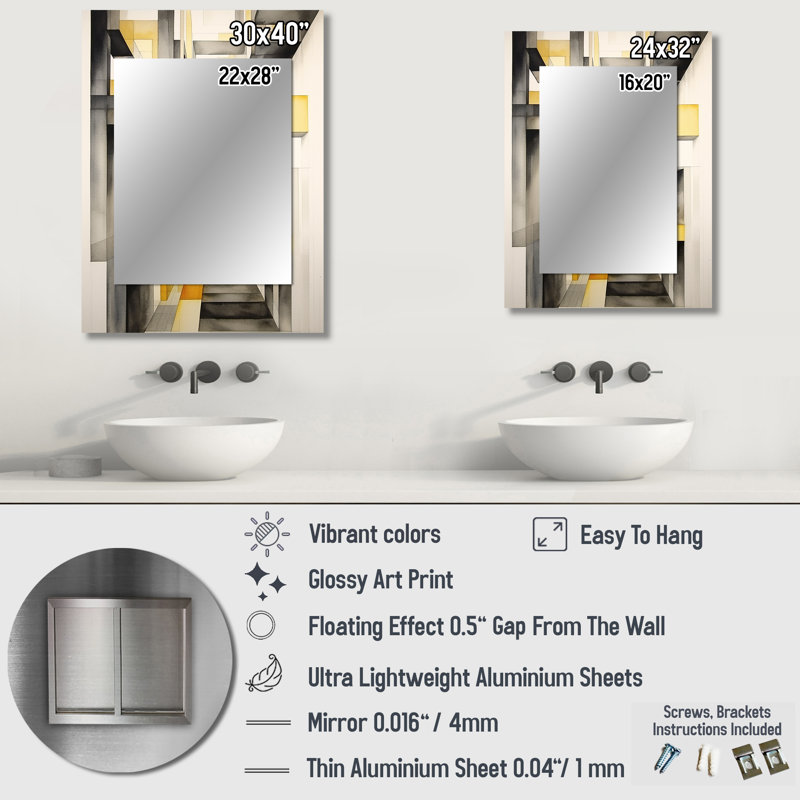 Yellow and Grey Intersecting Realities II - Abstract Shapes Unique Wall Mirror, Yellow Mirror, Printed Metal Art, 40" x 30"