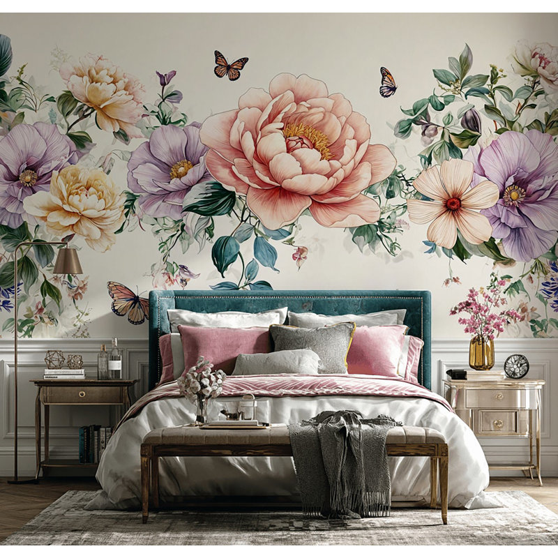 Papier peint pastel floral avec bordure papillon sur fond crème, L 50 po x l 75 po