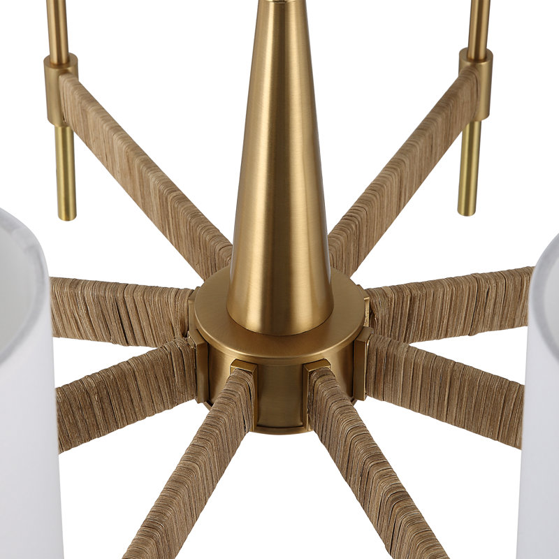 Warm Brass 8-Light Chandelier with White Linen Shades