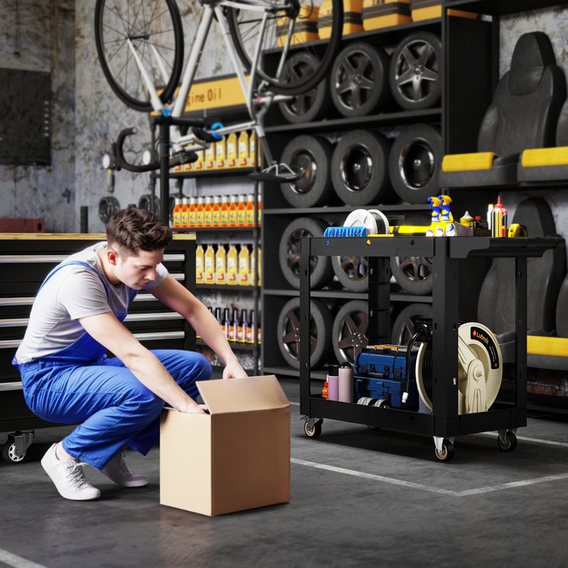 Chariot à outils roulant à 2 niveaux, capacité 500 LBS, noir, H 31 po x l 22,4 po x P 29,9 po