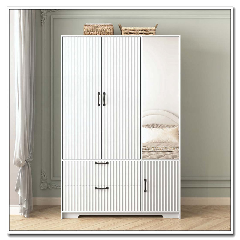 Garde-robe 4 portes avec miroir, garde-robe à DEL avec portes et 2 tiroirs, Blanc