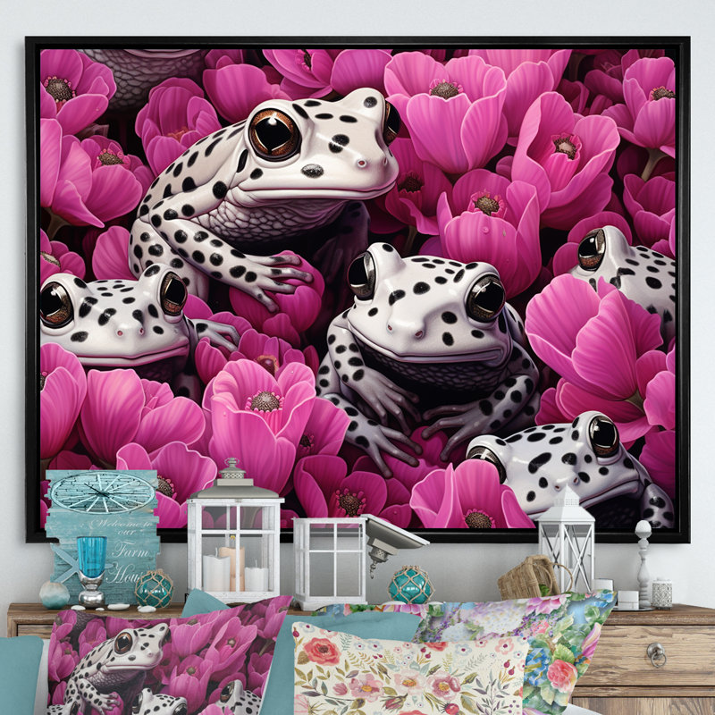 Blanc et rose Pop Art Frog I, Cadre flottant noir, H 34 po x l 44 po x P 1,5 po