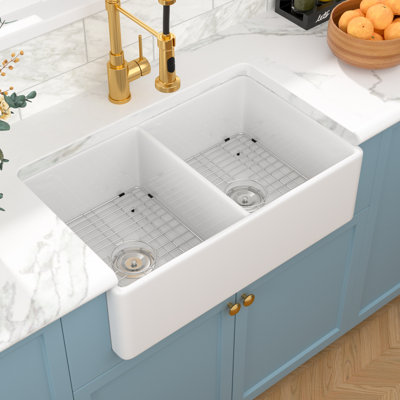 32" L x 20" W Double Basin Farmhouse Ceramic Kitchen Sink with Sink Grid and Basket Strainer