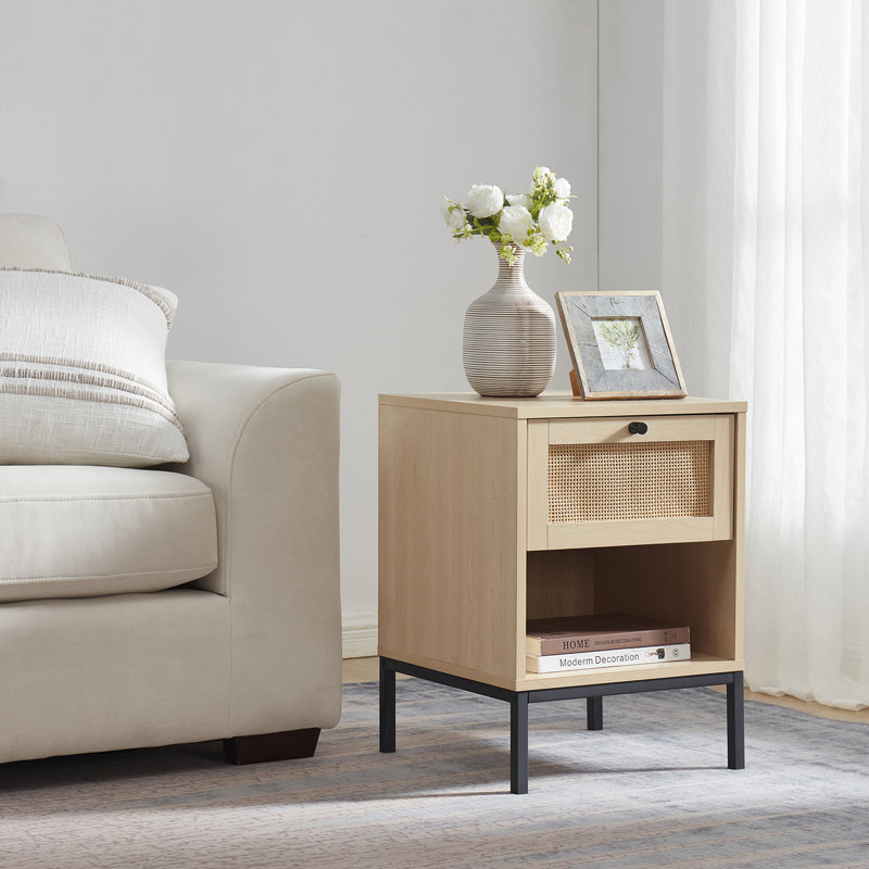 Nestl Wooden Rattan Nightstand End Table with Drawer, Natural, 1