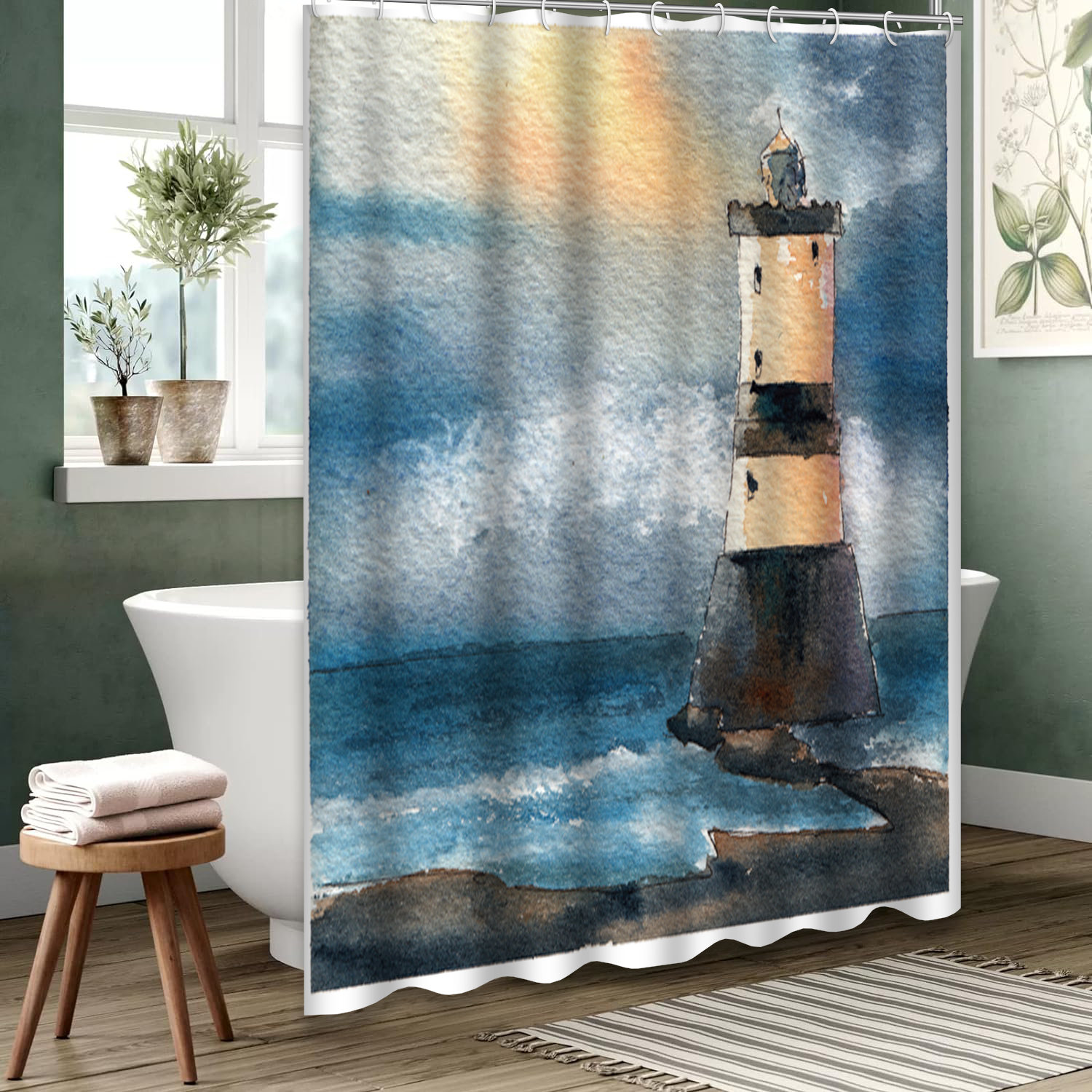 East Urban Home Waterproof Blue Light Ocean Shower Curtain with Watercolor  Lighthouse, 12 Hooks, Bathroom Decor. | Wayfair, image size:1500x1500