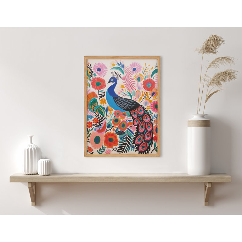 Art moderne paon vibrant moderne, Encadrement brun clair, H 12,65 po x l 16,65 po