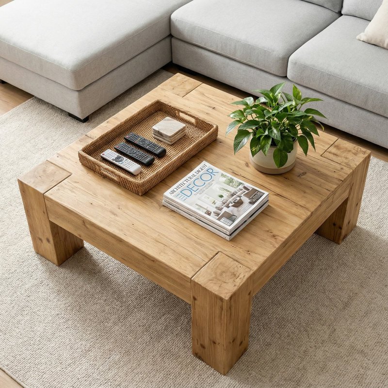 Square Coffee Table Solid Wood with Wabi-Sabi Style, Mortise-Tenon Joint, Thick Legs for Living Room, Natural