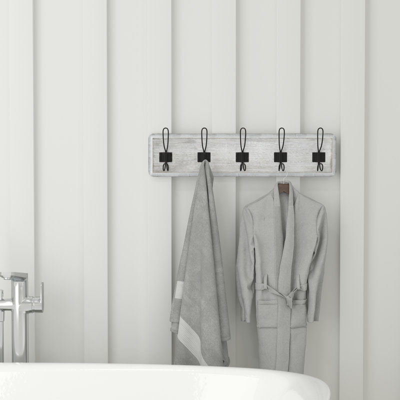 Nariaki Wall Mounted Solid Pine Wood Storage Rack with 5 Hanging Hooks, Black Wash