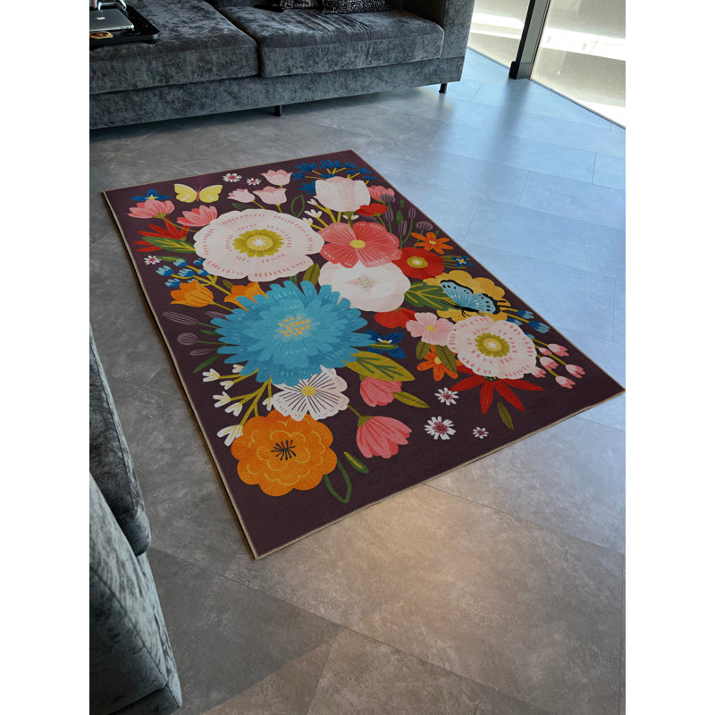 Tapis décoratif moderne multicolore à motif rose foncé, Rectangle 5 pi 1 po x 7 pi 7 po