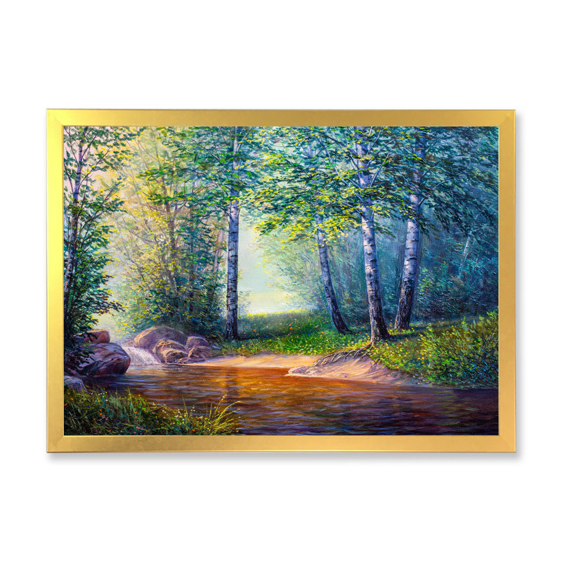 «Summer Scenery Of A Forest River II», art mural traditionnel sur toile, H 8 po x l 12 po x P 1 po, Encadrement doré