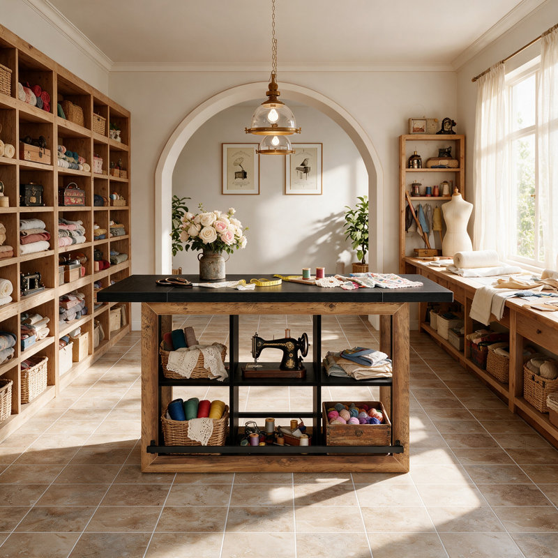 Table d'artisanat avec rangement, table de couture à hauteur de comptoir, poste de travail de bureau avec 6 compartiments ouverts, chariot de rangement pour îlot de bricolage (noir et brun)